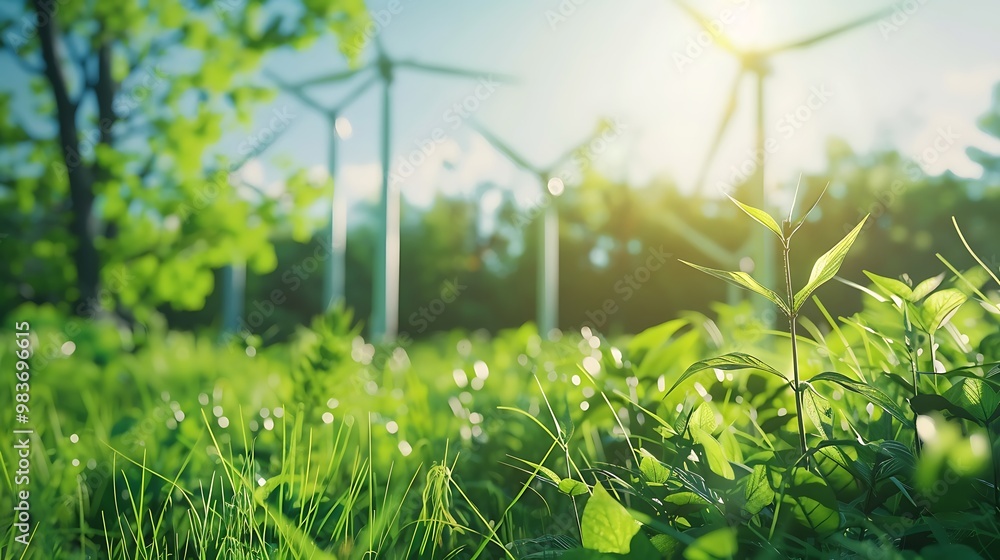 Close-up of green grass and plants in the foreground, with wind turbines in the background. The sun is shining brightly, casting a warm glow over the scene. Close-up of green grass and plants in the foreground, with wind turbines in the background. The sun is shining brightly, casting a warm glow over the scene.