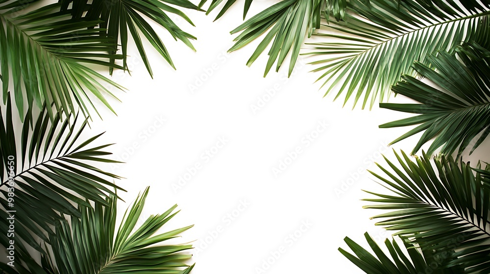 Lush green palm leaves framing a white background, creating a tropical and minimalist aesthetic. Lush green palm leaves framing a white background, creating a tropical and minimalist aesthetic.