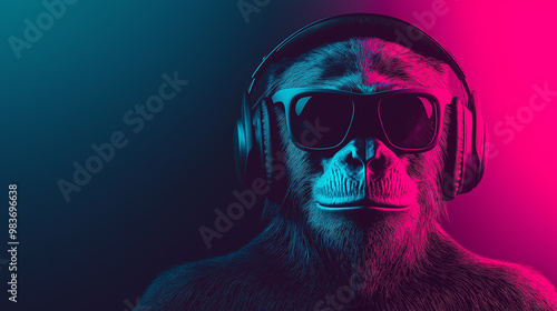 Cool monkey wearing sunglasses listening music headphones neon background