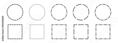 Black dashed frame set. Dashed outline circle and square border collection. Geometric dotted rectangular and round shape pack. Outline cut out element design bundle for poster, banner, flyer. Vector