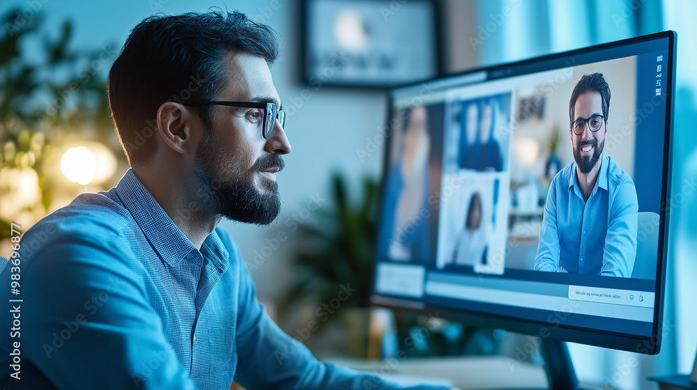 Focused businessman in video call meeting using computer at night in office Focused businessman in video call meeting using computer at night in office