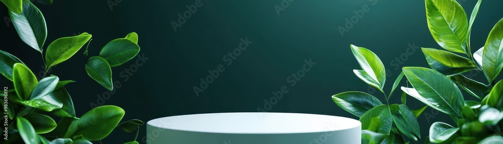 Abstract white podium with floating green leaves, dark green gradient background, modern and natureinspired Abstract white podium with floating green leaves, dark green gradient background, modern and natureinspired