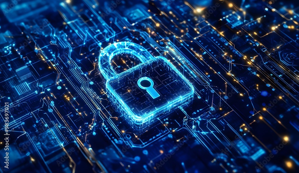 A digital illustration of an illuminated lock symbol with circuit patterns, A digital illustration of an illuminated lock symbol with circuit patterns,