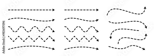 Black dashed arrows set. Wavy zigzag arrow collection. Doodle sketched dotted pointers and direction lines. Curved and straight outline stripe design element bundle for flyer, poster, brochure. Vector