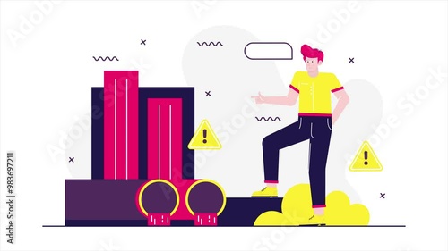 a man standing with bold geometric shapes including buildings and warning signs illustration animated video