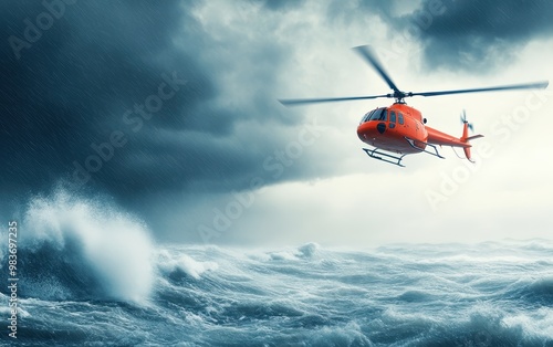 Helicopter flying over turbulent ocean waters