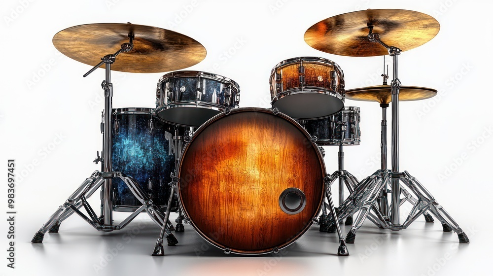 A stylish drum set featuring various drums and cymbals. A stylish drum set featuring various drums and cymbals.