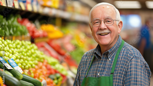 Senior grocer smiling in front of fresh produce display