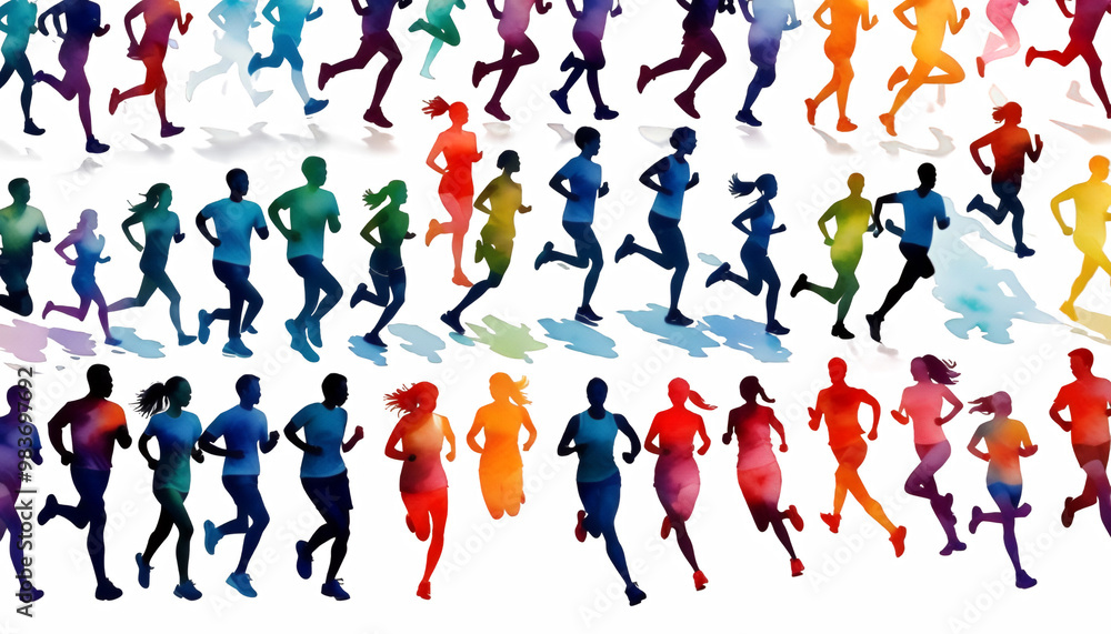 technology created style side people side running white watercolor silhouette background runner run people watercolor silhouette ai generative activity athlete challenge character colourful