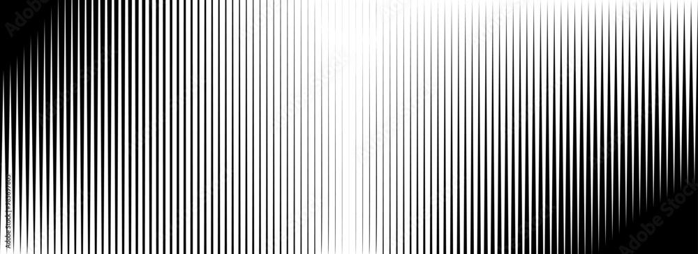 Obraz premium Vertical thin line halftone gradation texture. Fade straight stripe gradient background. Black striped shade pattern backdrop. Vanishing parallel stripe wallpaper for overlay, print, cover. Vector