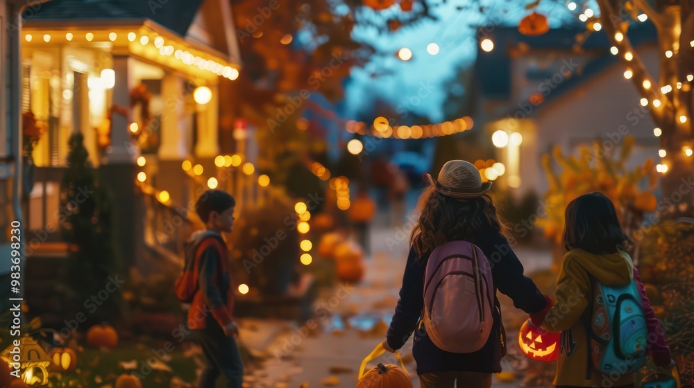 Obraz premium Children Enjoying Halloween Festivities in the Neighborhood