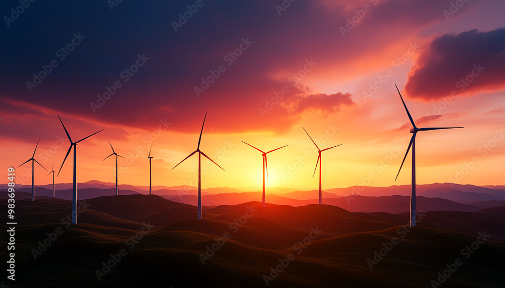 Renewable energy wind turbines on a scenic hillside at sunset, showcasing a beautiful sky with vibrant colors. Renewable energy wind turbines on a scenic hillside at sunset, showcasing a beautiful sky with vibrant colors.