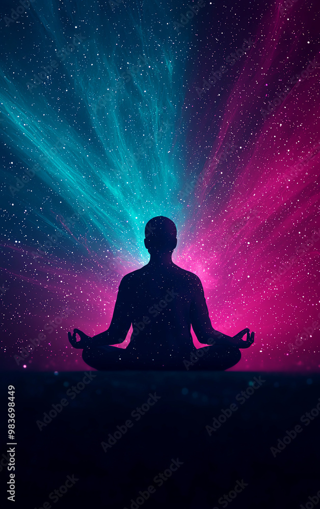 Silhouette of a meditating person surrounded by a cosmic burst of colors in a tranquil setting. Silhouette of a meditating person surrounded by a cosmic burst of colors in a tranquil setting.