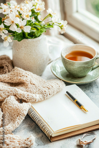 A cup of tea sits on a table next to a notebook and a vase of flowers