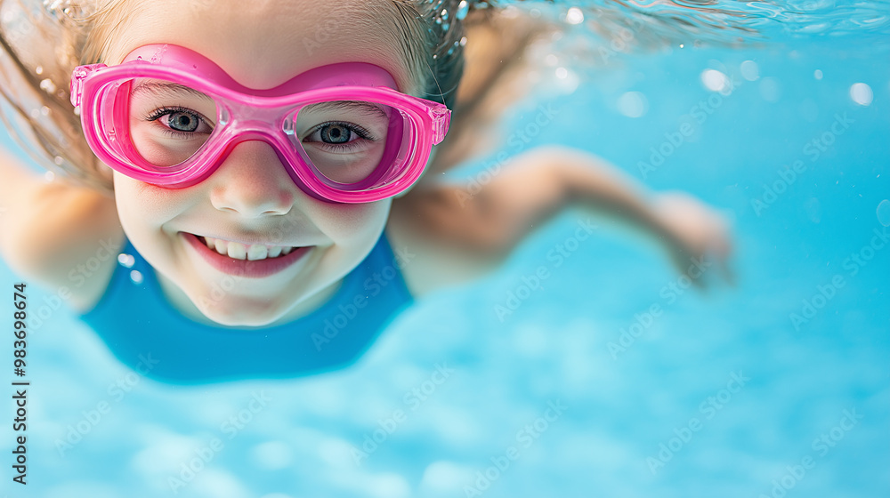 Naklejka premium Little girl is swimming underwater in a clear blue pool wearing pink goggles