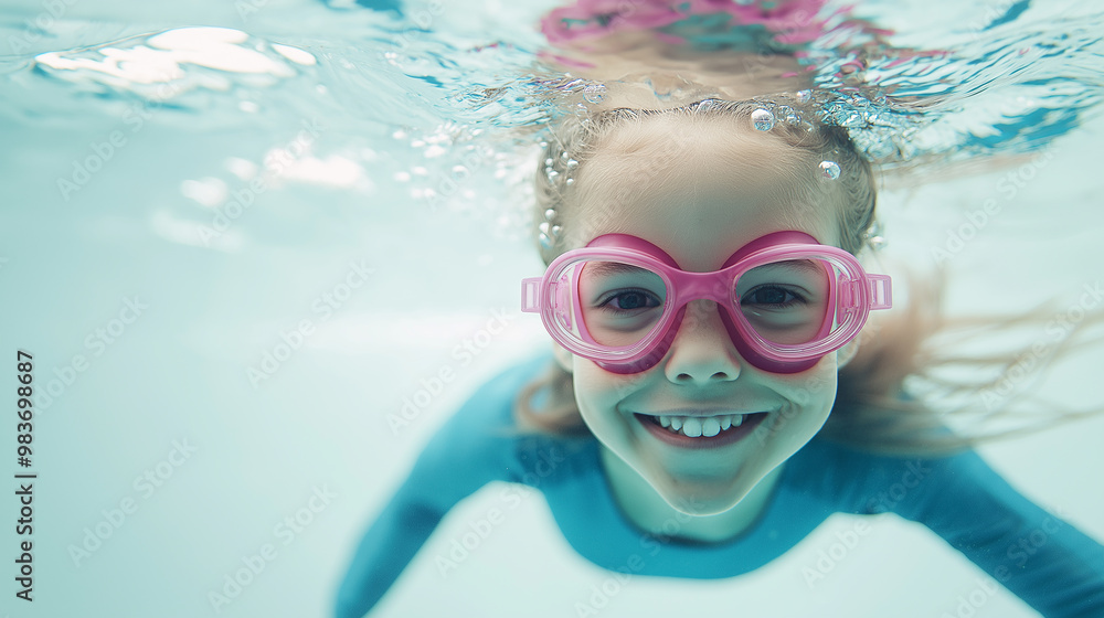 Naklejka premium Smiling girl wearing pink goggles swimming underwater in pool