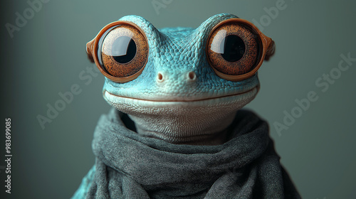 Blue frog wearing glasses and a scarf is being cool