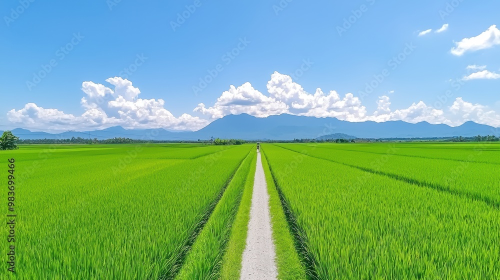 Fototapeta premium Tranquil Rice Paddy Field With Mountain View