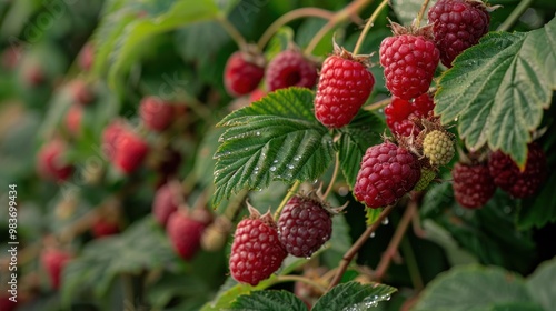 Ripe Raspberries on a Branch