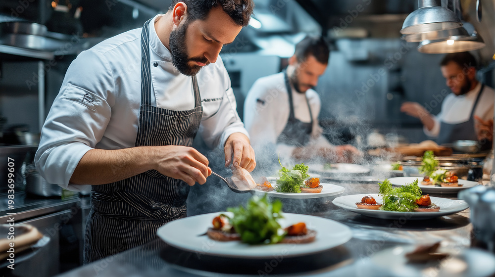 Professional chef is finishing gourmet dish on the kitchen line Professional chef is finishing gourmet dish on the kitchen line