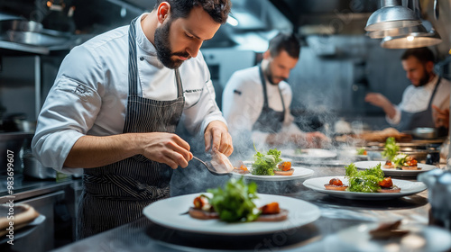 Professional chef is finishing gourmet dish on the kitchen line