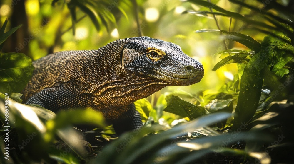 A vibrant image of a Komodo Dragon moving through the lush undergrowth of a tropical forest A vibrant image of a Komodo Dragon moving through the lush undergrowth of a tropical forest