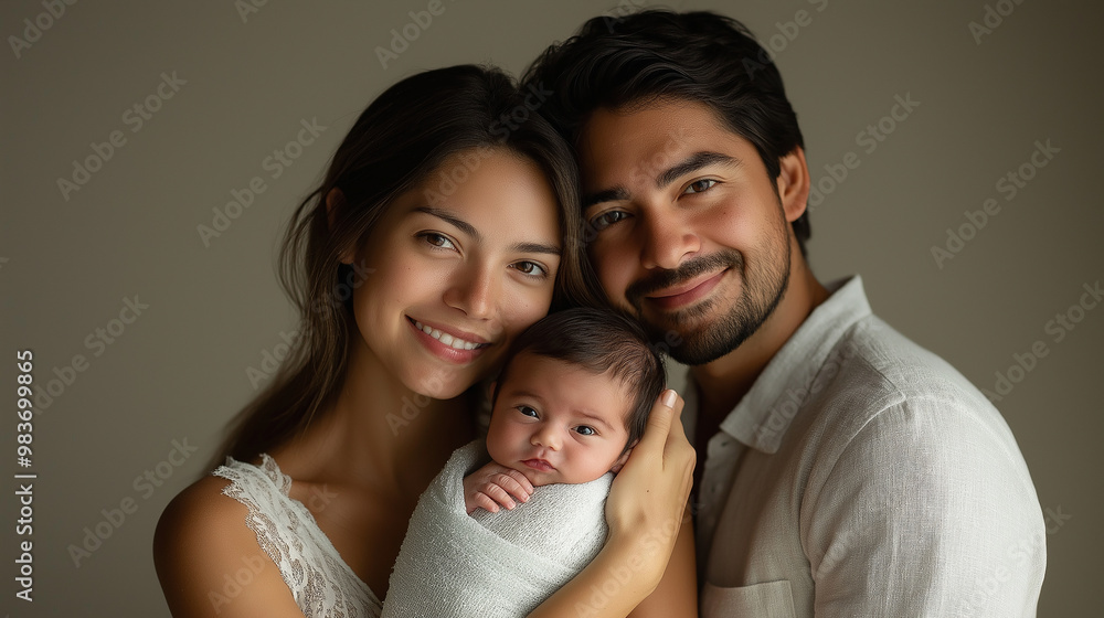 Happy young family holding their newborn baby girl Happy young family holding their newborn baby girl
