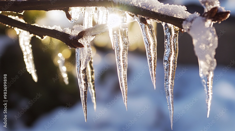 Naklejka premium Icicles hanging from a tree branch in the sunlight.