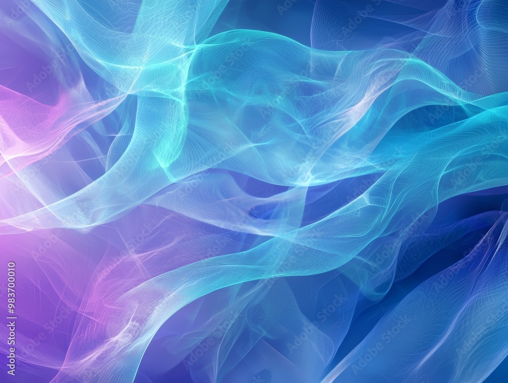 Obraz premium Abstract blue, mint, and purple background with interlaced smoke glitch and distortion effect. Futuristic cosmos design - ai