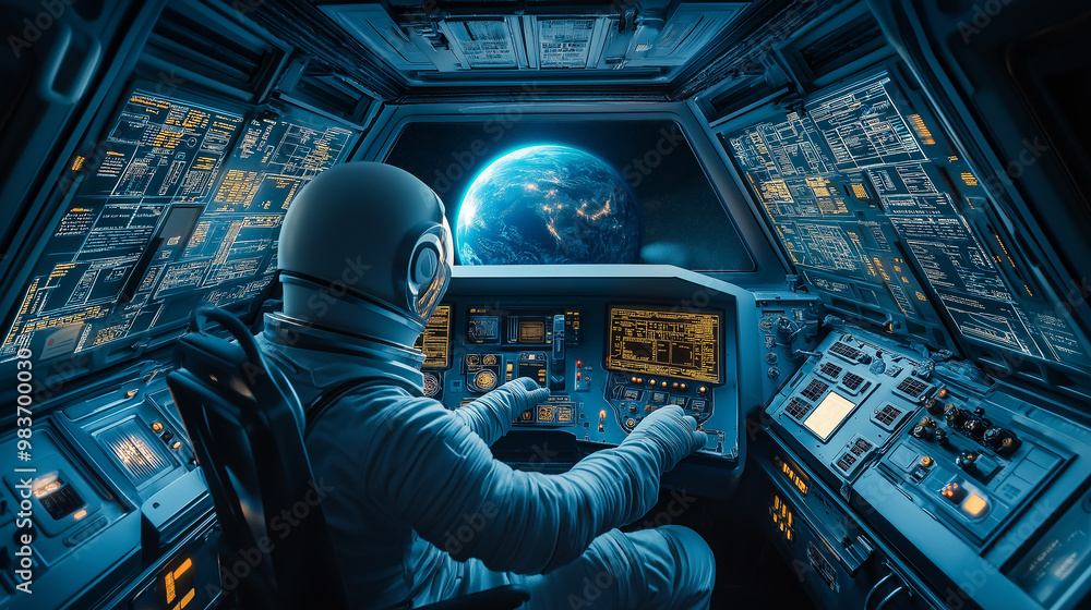Obraz premium Astronaut piloting spacecraft in orbit around earth