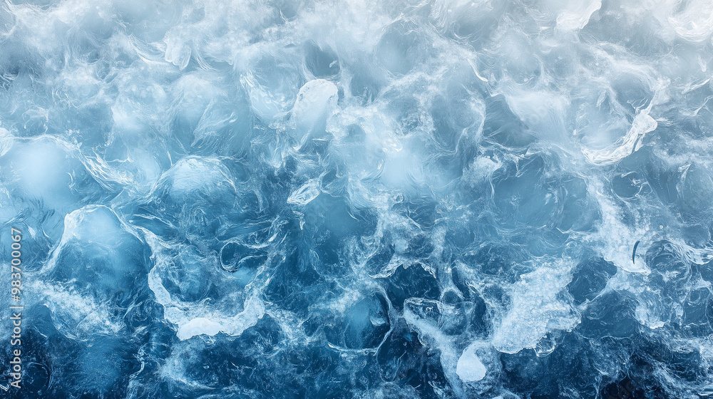 top view ice texture, frozen river pattern, realistic and high detailed, from deep blue to light blue and gray colors