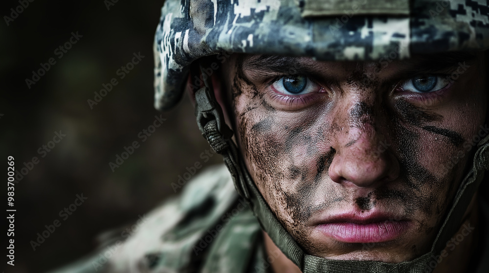 Obraz premium Soldier wearing camouflage face paint looking determined