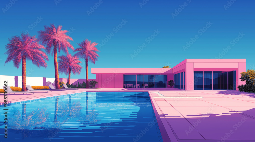 Fototapeta premium Palm trees reflecting in swimming pool of luxurious pink villa