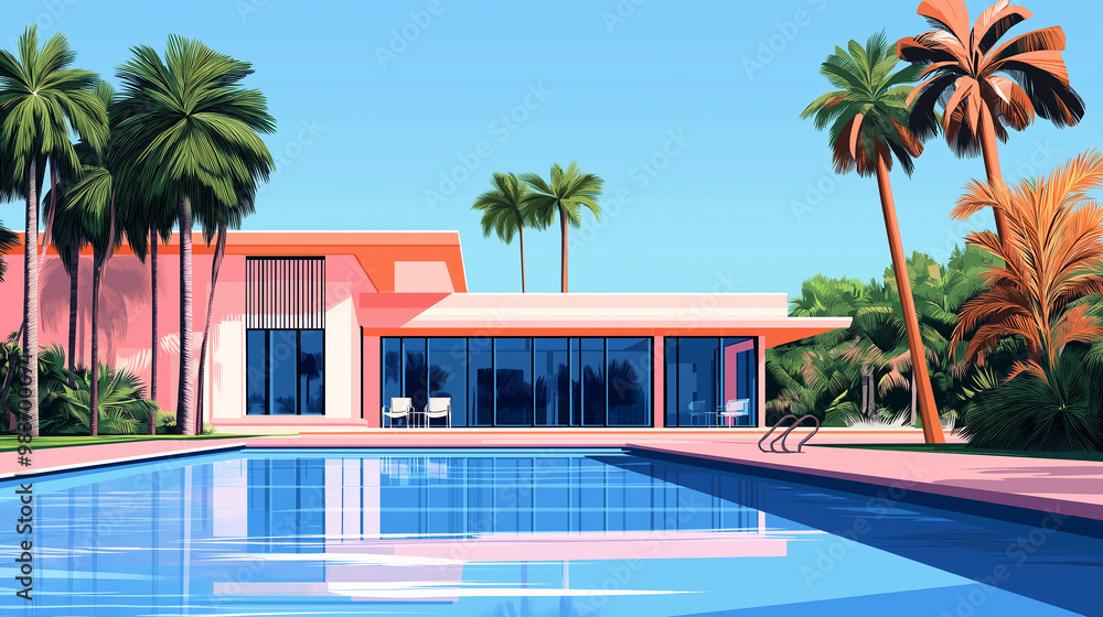Fototapeta premium Luxurious contemporary pink villa reflecting in swimming pool