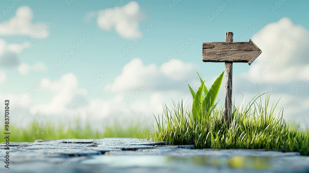 Naklejka premium Wooden Arrow Sign in Green Grass