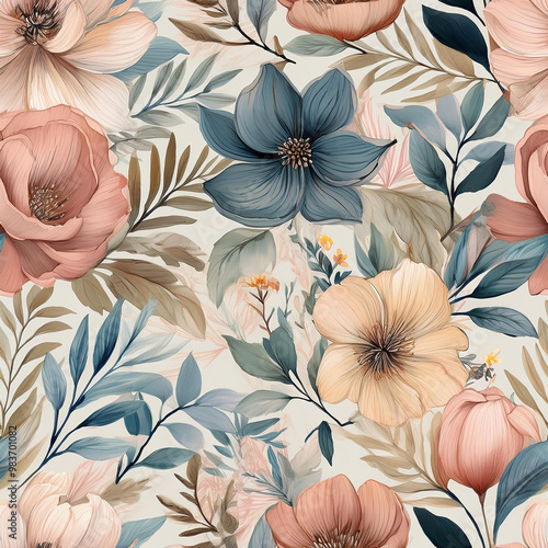 Wallpaper Mural a floral pattern with flowers and leaves on it Torontodigital.ca