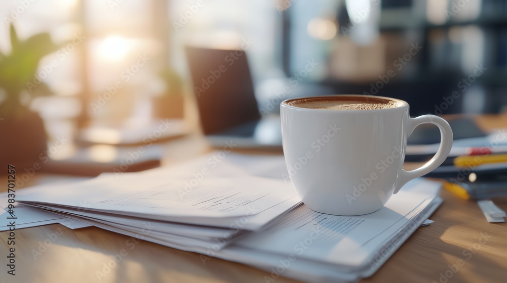 A white coffee cup on a stack of documents, placed on a wooden desk in a bright office setting with morning sunlight streaming through the windows. A white coffee cup on a stack of documents, placed on a wooden desk in a bright office setting with morning sunlight streaming through the windows.