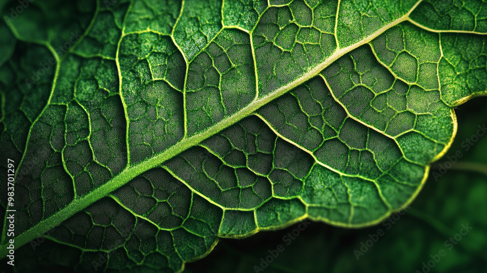 Fototapeta premium Intricate details of a vibrant green leaf showcasing natural patterns and textures in close-up