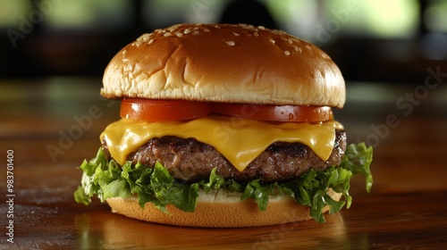 "Capture the essence of a classic cheeseburger with a vibrant, high-quality image showcasing a succulent beef patty, gooey melted cheese, crisp lettuce, ripe tomatoes, and a toasted bun