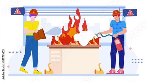 Two workers practice fire safety protocols using a fire extinguisher and water to manage a simulated fire illustration animated video