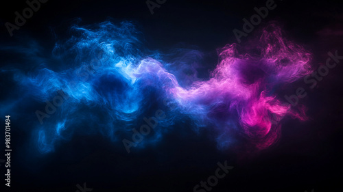 Colorful smoke swirling in vibrant blue and pink hues against a dark background