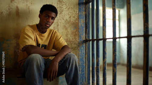 Young man sitting in jail cell waiting for parole hearing photo