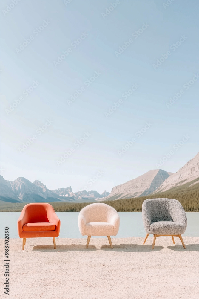 Three chairs are arranged on a beach, with mountains in the background Three chairs are arranged on a beach, with mountains in the background
