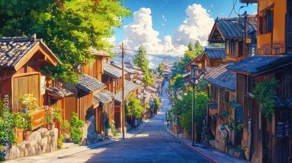 Traditional Japanese Street with Wooden Buildings and a View of Mountains Traditional Japanese Street with Wooden Buildings and a View of Mountains