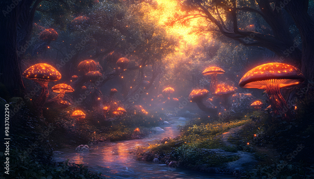 A mystical forest with glowing mushrooms, winding rivers, and floating islands, creating a magical and otherworldly feel A mystical forest with glowing mushrooms, winding rivers, and floating islands, creating a magical and otherworldly feel