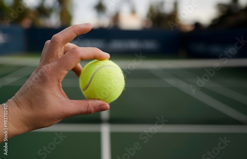 A person is holding a tennis ball and showing photo