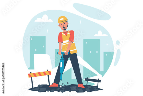Construction Worker Operating Jack Hammer Illustration