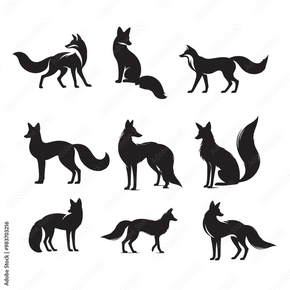 set of silhouettes of fox on white set of silhouettes of fox on white