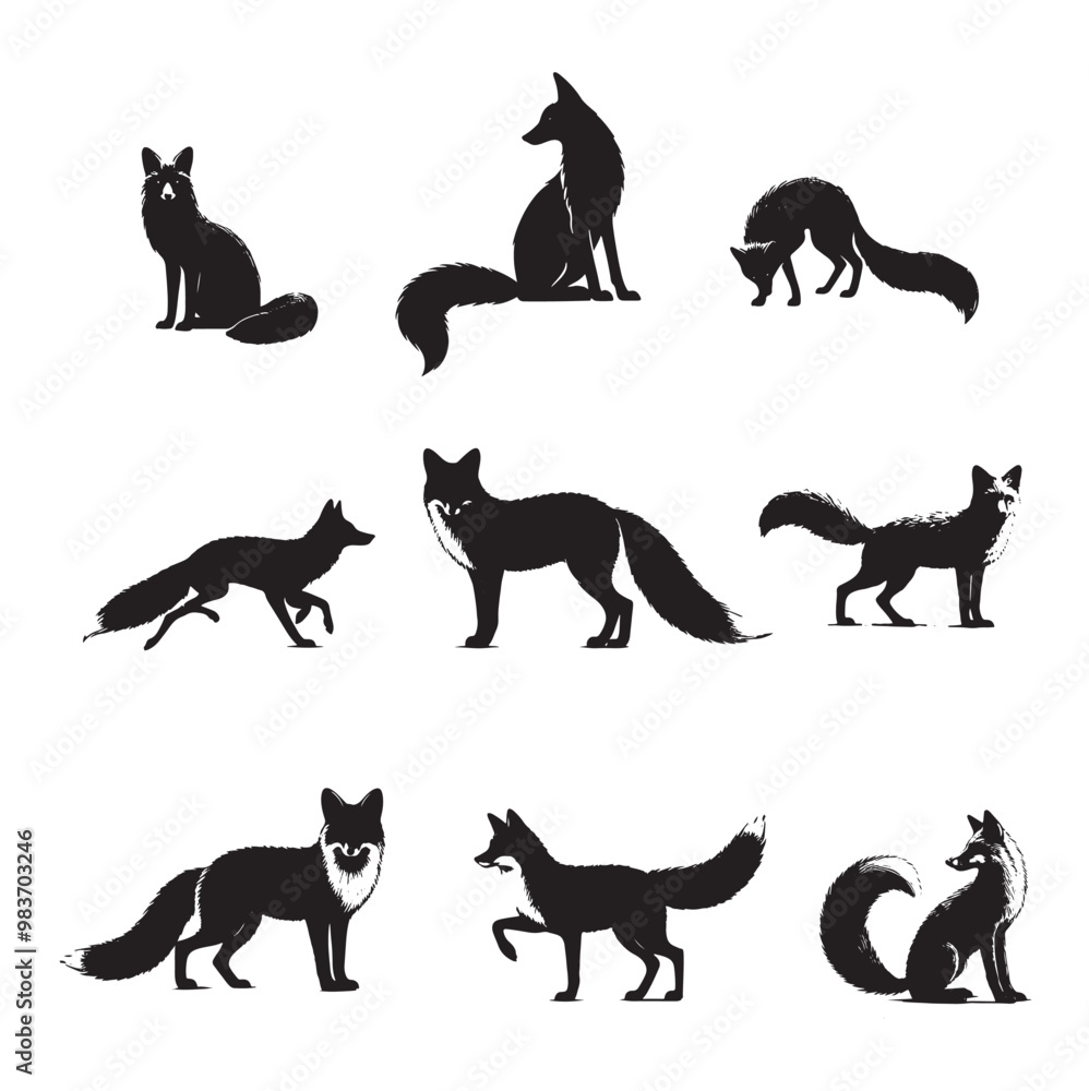 set of silhouettes of fox on white set of silhouettes of fox on white