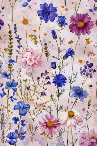 Watercolor pattern of wildflowers and herbs